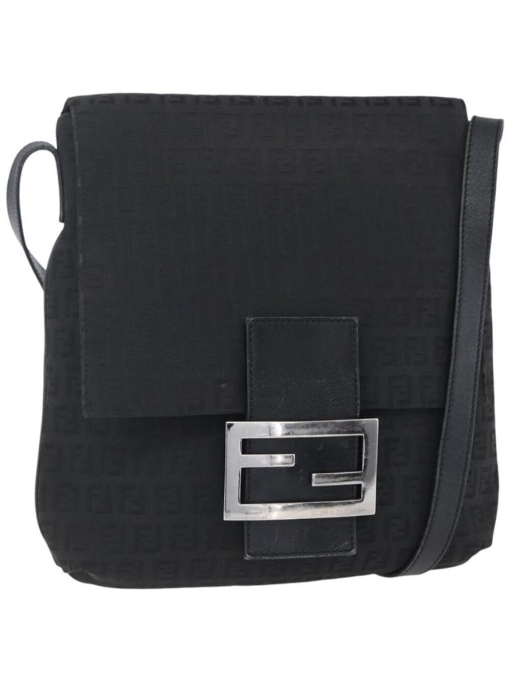 Authentic FENDI Zucchino Canvas Shoulder Bag Black Silver